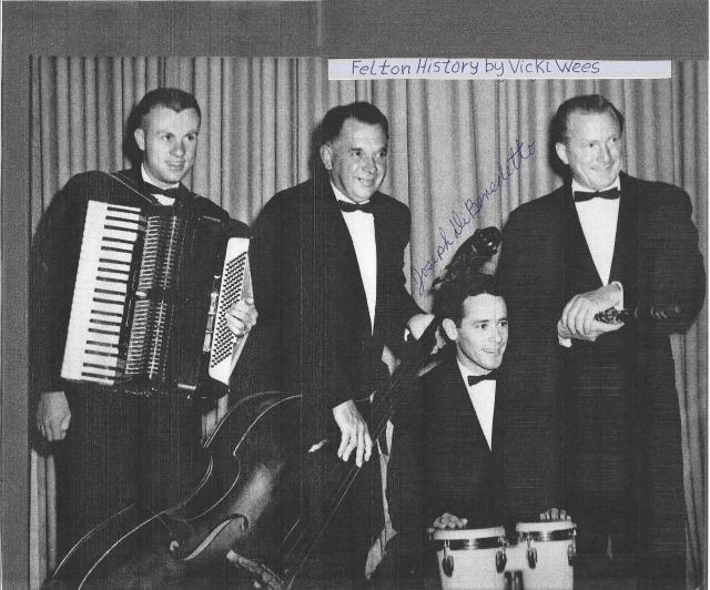 Bob Judd Band at Costella's. L to R: Don Rutter played Cord-a-vox, Ernie High on string bass, Joseph Di Benedetto, drums and Bob Judd far right. 1960's. Courtesy Joseph Di Benedetto.